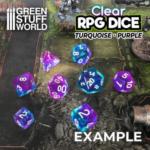 Green Stuff World   RPG / Polyhedral 7x Mix 16mm Dice - Clear Turquoise/Purple - 8435646507606ES - 8435646507606