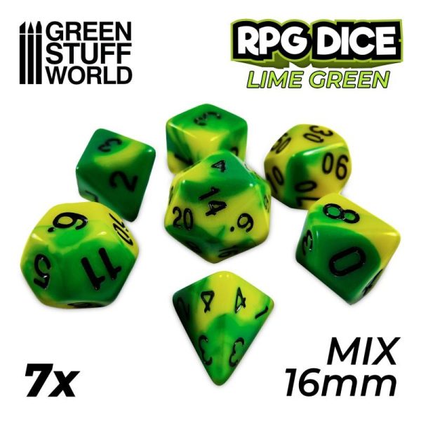 Green Stuff World   Dice 7x Mix 16mm Dice - Lime Swirl - 8435646500492ES - 8435646500492