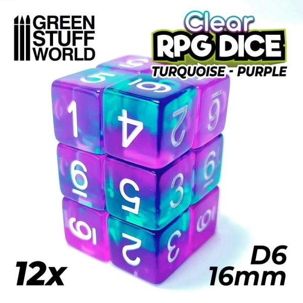 Green Stuff World   D6 12x D6 16mm Dice - Clear Turquoise/Purple - 8435646507545ES - 8435646507545