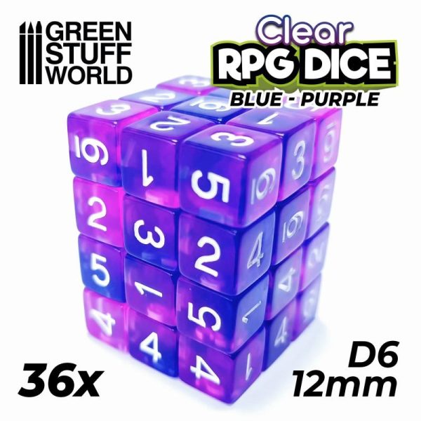 Green Stuff World   D6 36x D6 12mm Dice - Clear Blue/Purple - 8435646507446ES - 8435646507446