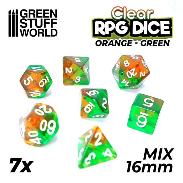 Green Stuff World   RPG / Polyhedral 7x Mix 16mm Dice - Clear Orange/Green - 8435646507590ES - 8435646507590