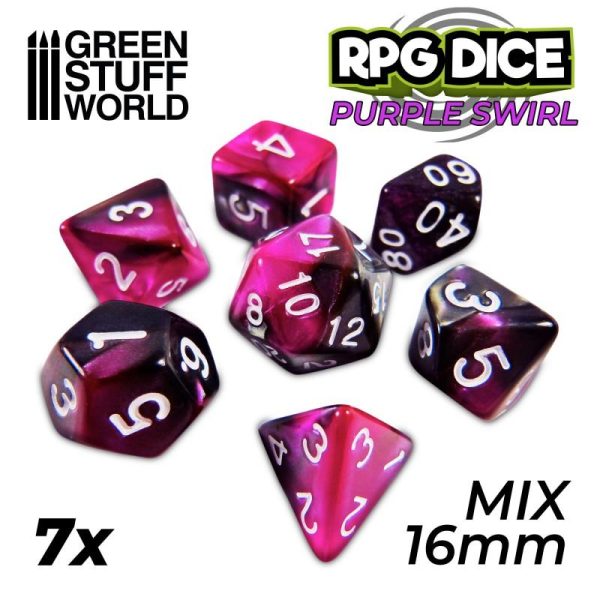 Green Stuff World   Dice 7x Mix 16mm Dice - Purple Swirl - 8435646500447ES - 8435646500447