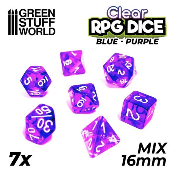Green Stuff World   RPG / Polyhedral 7x Mix 16mm Dice - Clear Blue/Purple - 8435646507569ES - 8435646507569