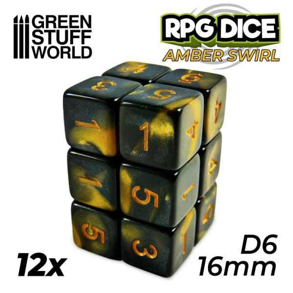 Green Stuff World   D6 12x D6 16mm Dice - Amber Swirl - 8435646500294ES - 8435646500294