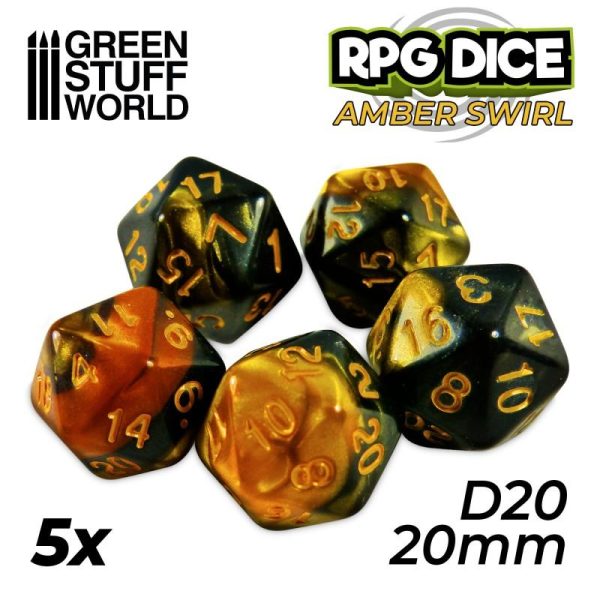 Green Stuff World   D20 5x D20 20mm Dice - Amber Swirl - 8435646500386ES - 8435646500386