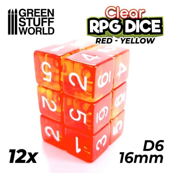 Green Stuff World   D6 12x D6 16mm Dice - Clear Red/Yellow - 8435646507491ES - 8435646507491