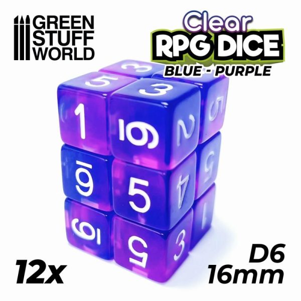 Green Stuff World   D6 12x D6 16mm Dice - Clear Blue/Purple - 8435646507507ES - 8435646507507