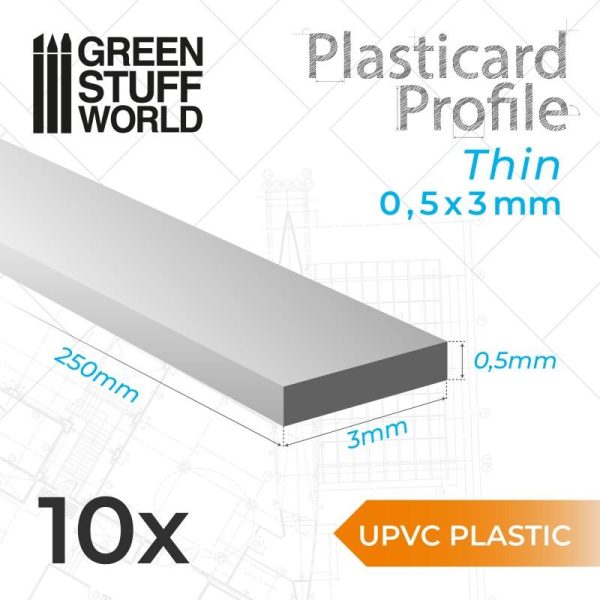 Green Stuff World   Acrylic Rods uPVC Plasticard - Thin 0.50mm x 3mm - 8435646503356ES - 8435646503356