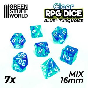 Green Stuff World   RPG / Polyhedral 7x Mix 16mm Dice - Clear Blue/Turquoise - 8435646507576ES - 8435646507576