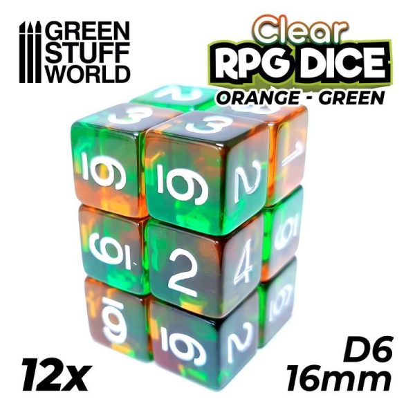 Green Stuff World   D6 12x D6 16mm Dice - Clear Orange/Green - 8435646507538ES - 8435646507538