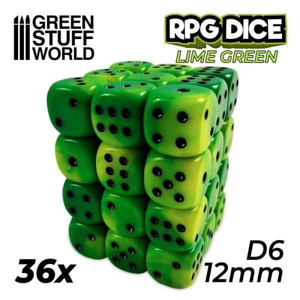 Green Stuff World   D6 36x D6 12mm Dice - Lime Swirl - 8435646500225ES - 8435646500225