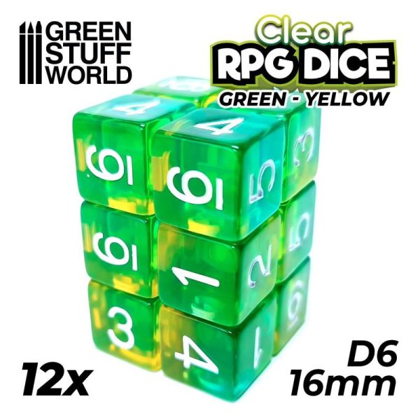 Green Stuff World   D6 12x D6 16mm Dice - Clear Green/Yellow - 8435646507521ES - 8435646507521