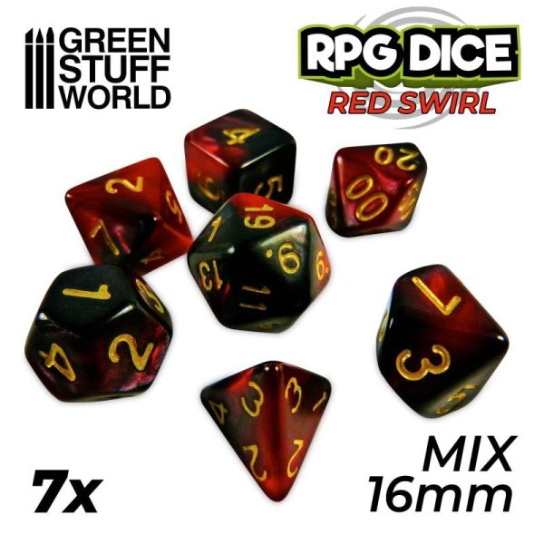 Green Stuff World   Dice 7x Mix 16mm Dice - Red Swirl - 8435646500454ES - 8435646500454