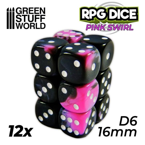 Green Stuff World   D6 12x D6 16mm Dice - Pink Swirl - 8435646500331ES - 8435646500331