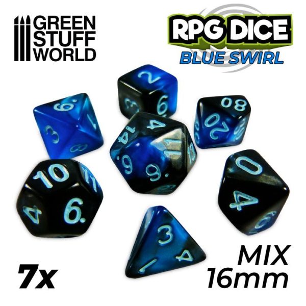 Green Stuff World   Dice 7x Mix 16mm Dice - Blue Swirl - 8435646500430ES - 8435646500430