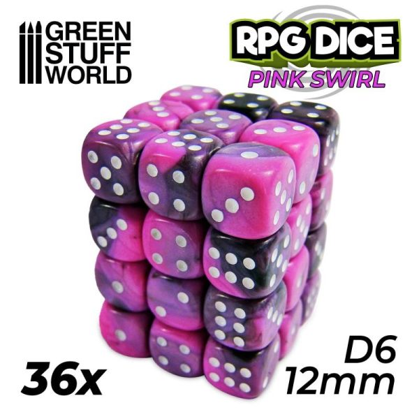 Green Stuff World   D6 36x D6 12mm Dice - Pink Swirl - 8435646500249ES - 8435646500249