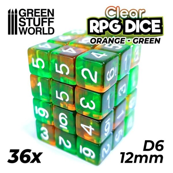 Green Stuff World   D6 36x D6 12mm Dice - Clear Orange/Green - 8435646507477ES - 8435646507477
