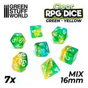 7x Mix 16mm Dice - Clear Green/Yellow 1