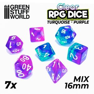 7x Mix 16mm Dice - Clear Turquoise/Purple 1