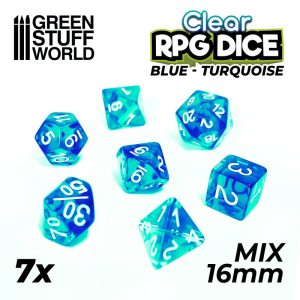 7x Mix 16mm Dice - Clear Blue/Turquoise 1
