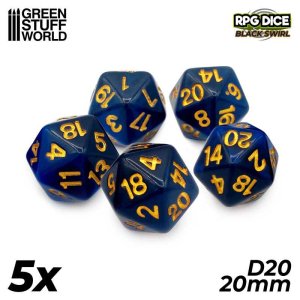 5x D20 20mm Dice - Blue - Black 1