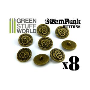 8x Steampunk Buttons BOLTS and GEARS - Antique Gold 1