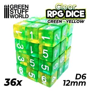 36x D6 12mm Dice - Clear Green/Yellow 1