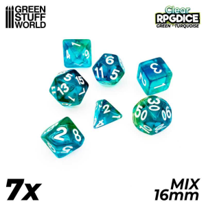 7x Mix 16mm Dice - Green - Turquoise 1